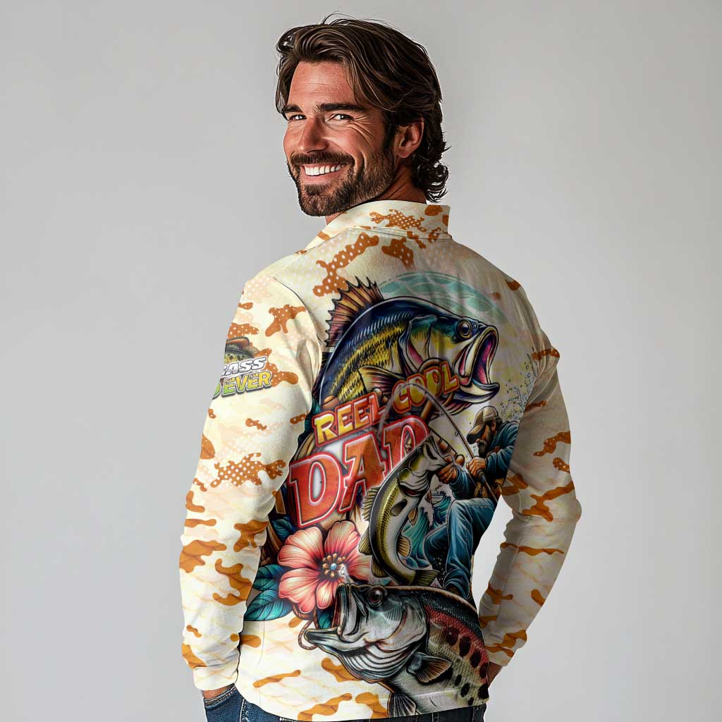 Bass Fishing Reel Cool Dad Long Sleeve Polo Shirt Tropical Vintage
