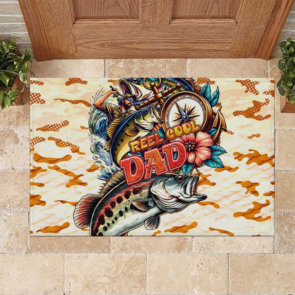Bass Fishing Reel Cool Dad Rubber Doormat Tropical Vintage