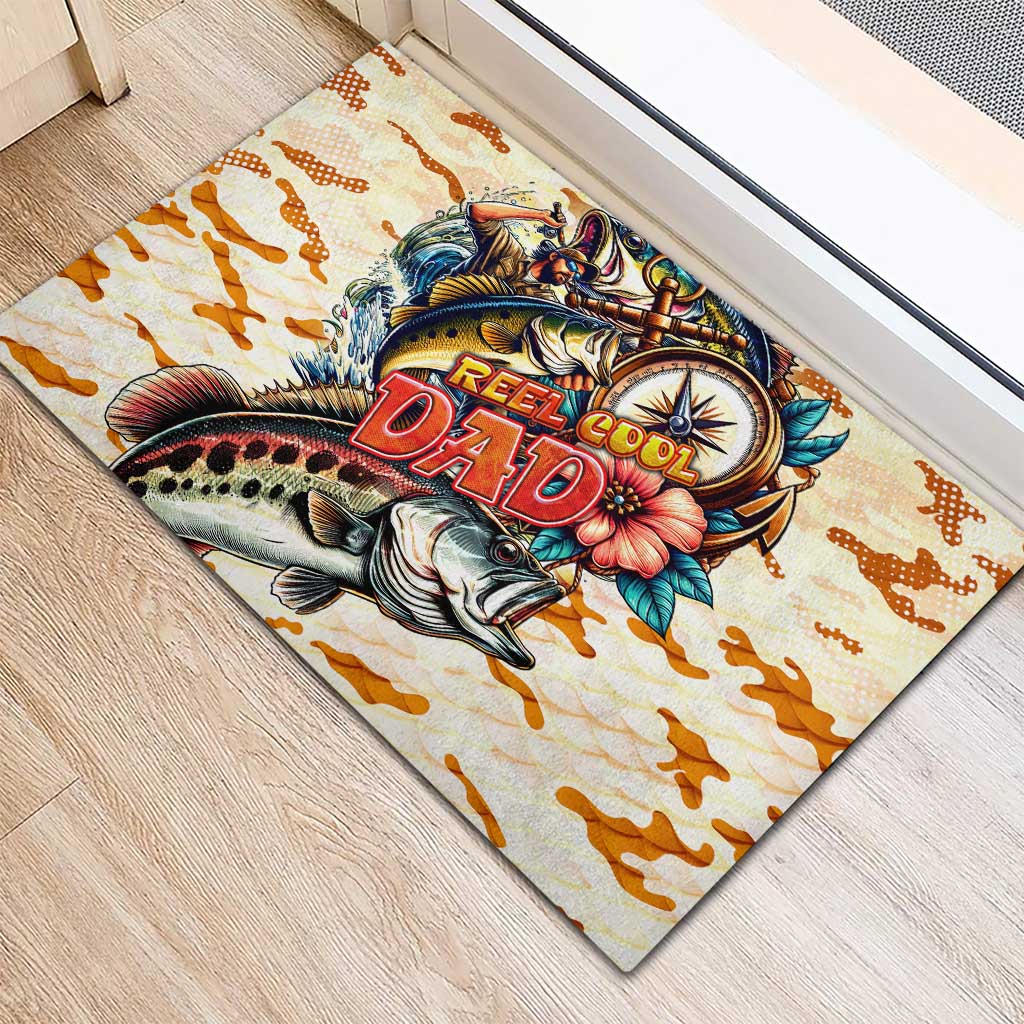 Bass Fishing Reel Cool Dad Rubber Doormat Tropical Vintage
