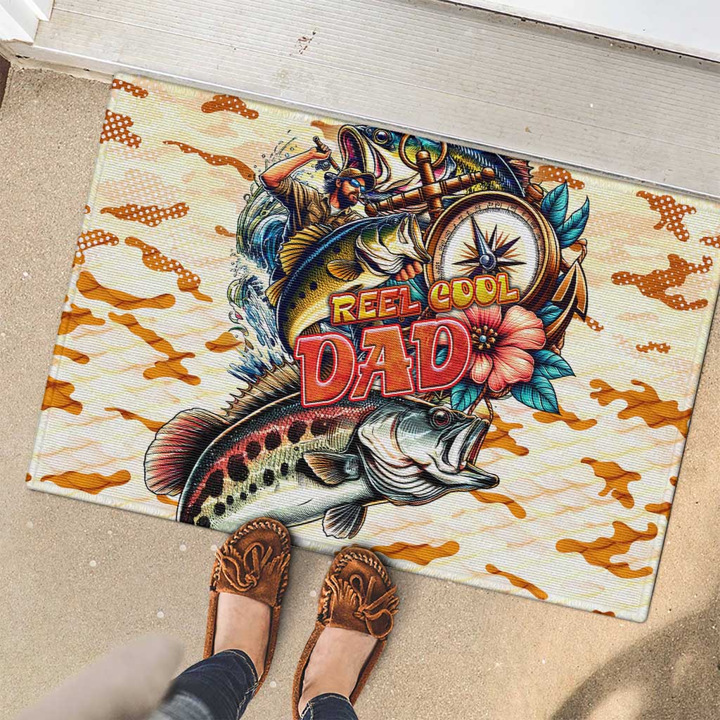 Bass Fishing Reel Cool Dad Rubber Doormat Tropical Vintage
