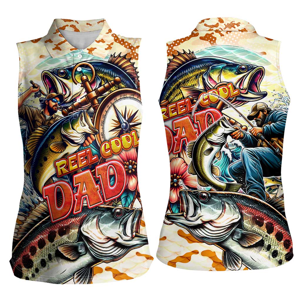 Bass Fishing Reel Cool Dad Women Sleeveless Polo Shirt Tropical Vintage