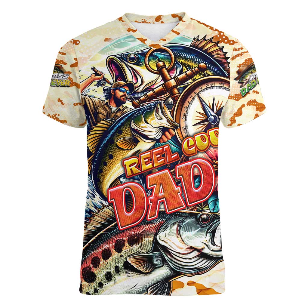 Bass Fishing Reel Cool Dad Women V-Neck T-Shirt Tropical Vintage