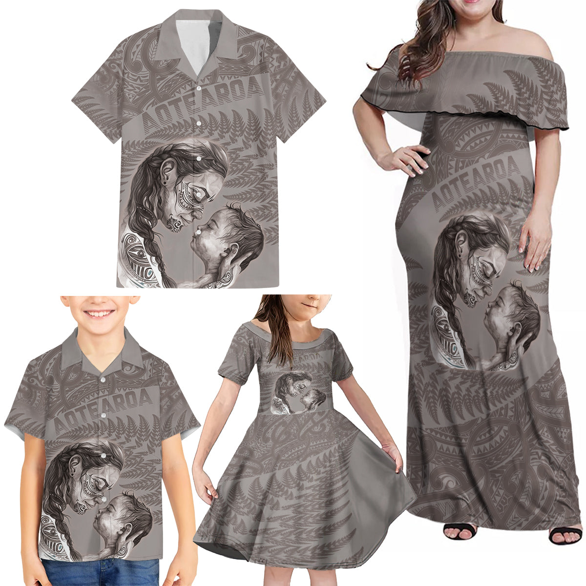 New Zealand Mother's Day Family Matching Off Shoulder Maxi Dress and Hawaiian Shirt Maori Mo Toku Mama Silver Fern