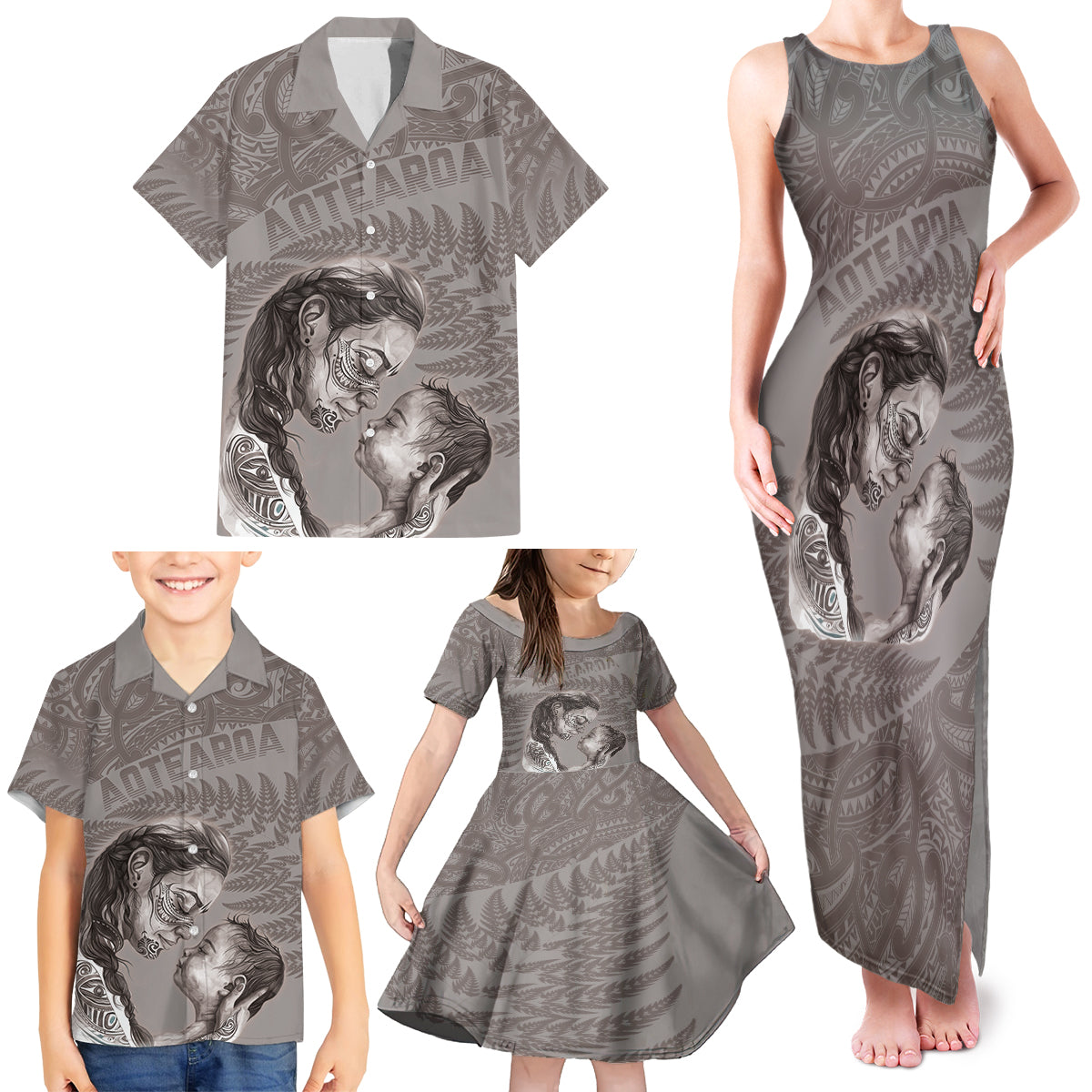 New Zealand Mother's Day Family Matching Tank Maxi Dress and Hawaiian Shirt Maori Mo Toku Mama Silver Fern
