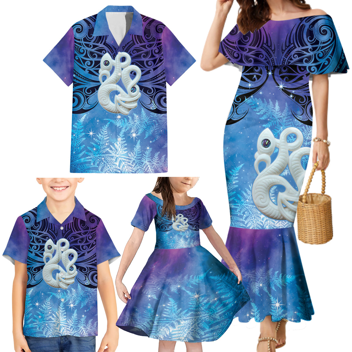 New Zealand Matariki Family Matching Mermaid Dress and Hawaiian Shirt Aotearoa Maori New Year Manaia Galaxy Vibes