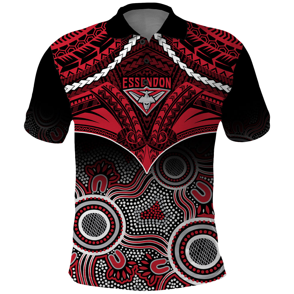personalised-essendon-football-polo-shirt-bombers-aboriginal-mix-polynesian-pattern