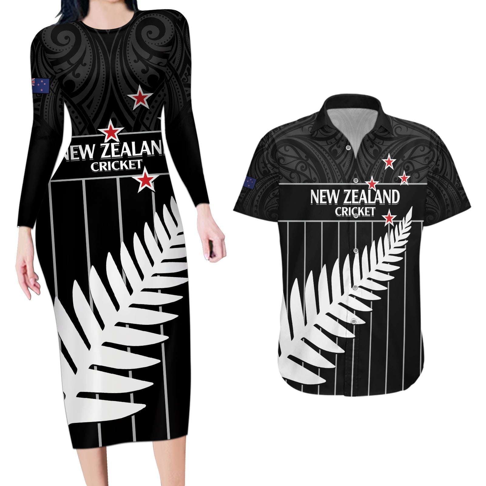 Custom New Zealand Silver Fern Cricket Couples Matching Long Sleeve Bodycon Dress and Hawaiian Shirt Aotearoa Maori Go Black Cap
