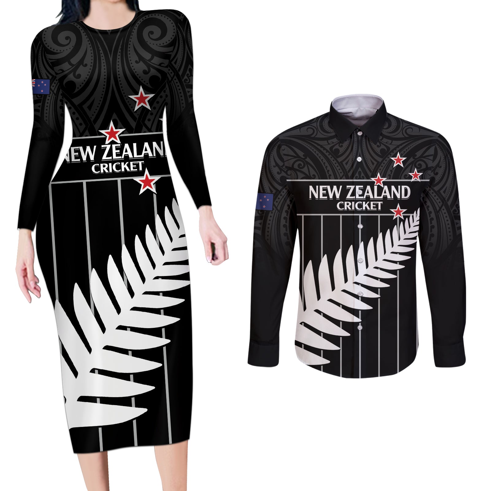 Custom New Zealand Silver Fern Cricket Couples Matching Long Sleeve Bodycon Dress and Long Sleeve Button Shirt Aotearoa Maori Go Black Cap