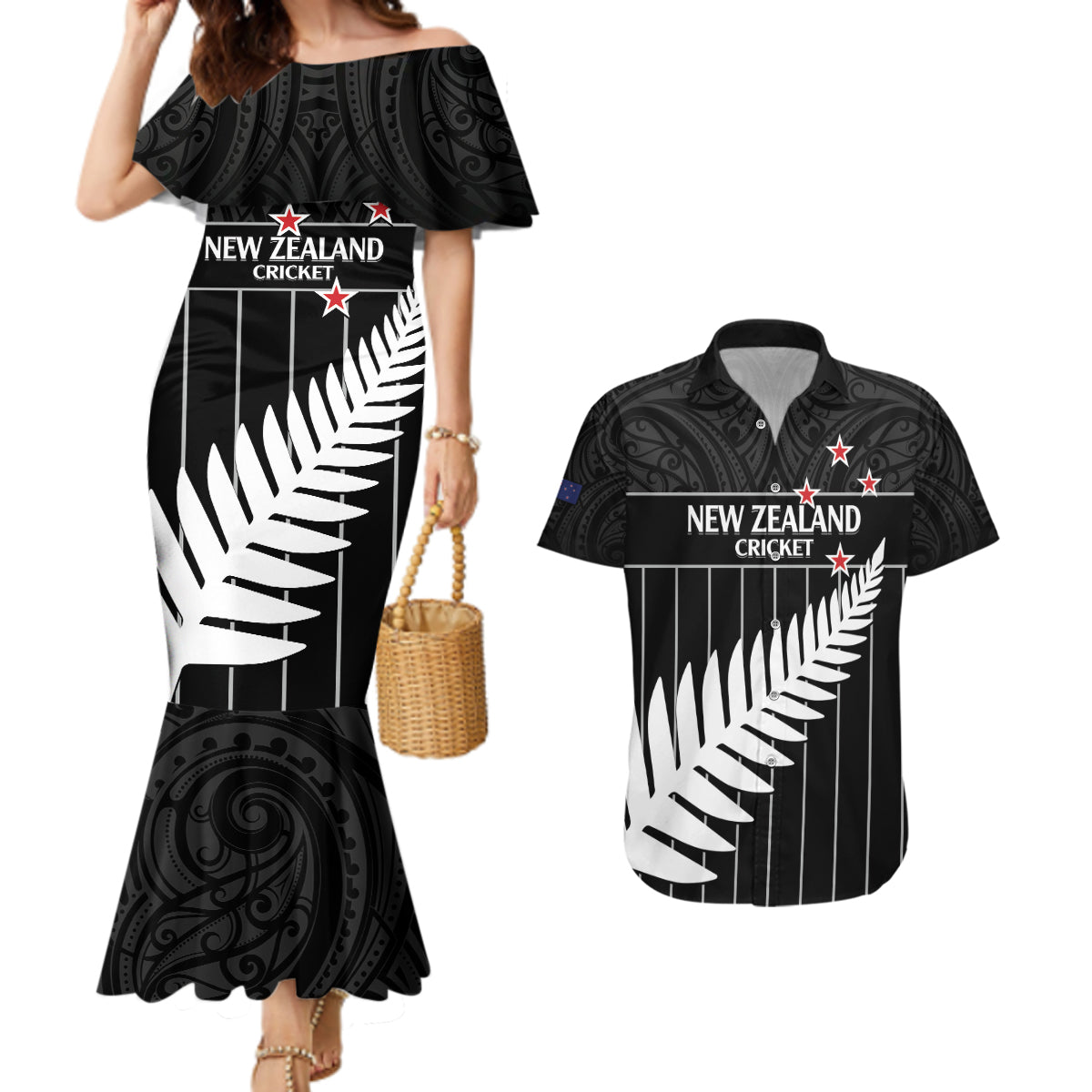 Custom New Zealand Silver Fern Cricket Couples Matching Mermaid Dress and Hawaiian Shirt Aotearoa Maori Go Black Cap
