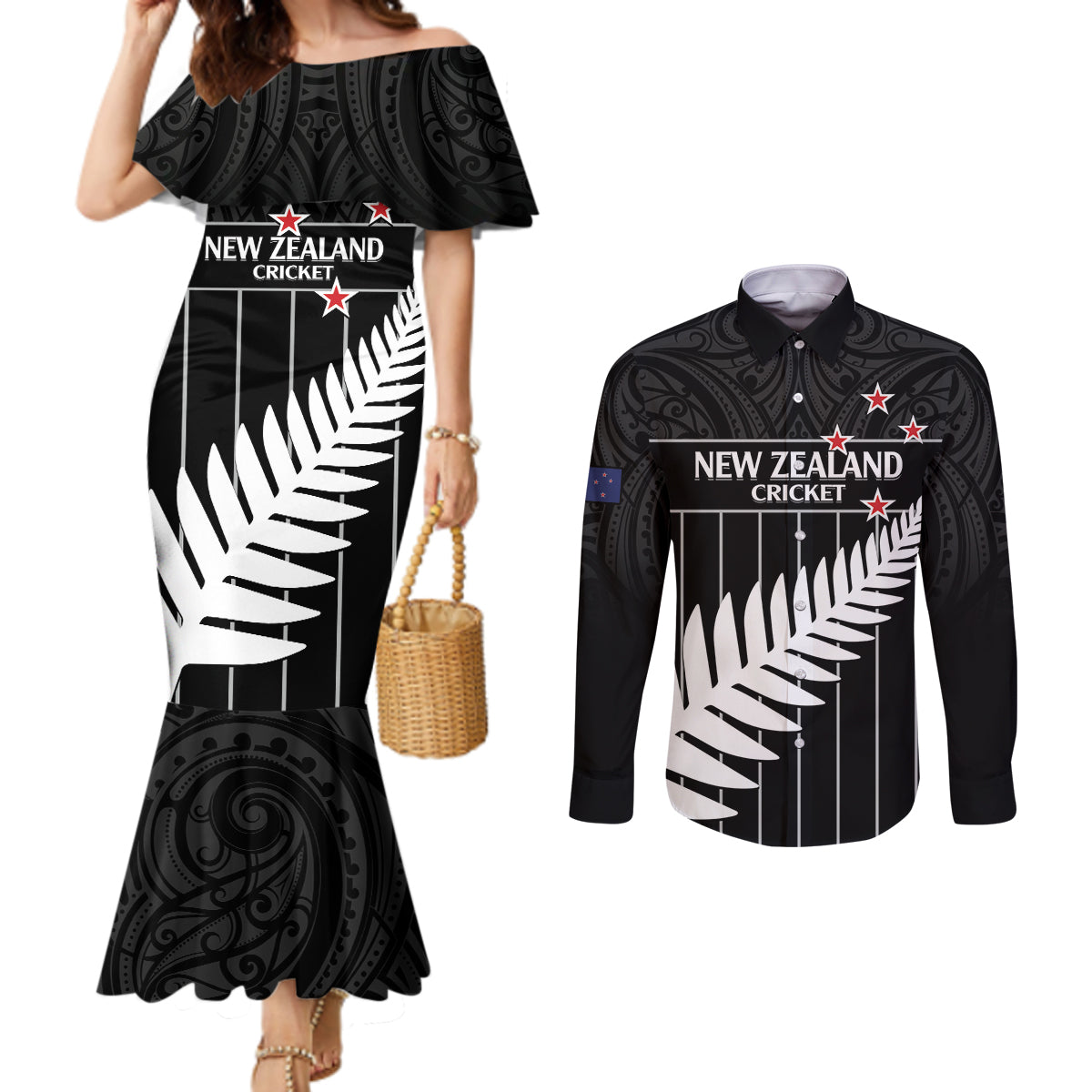 Custom New Zealand Silver Fern Cricket Couples Matching Mermaid Dress and Long Sleeve Button Shirt Aotearoa Maori Go Black Cap