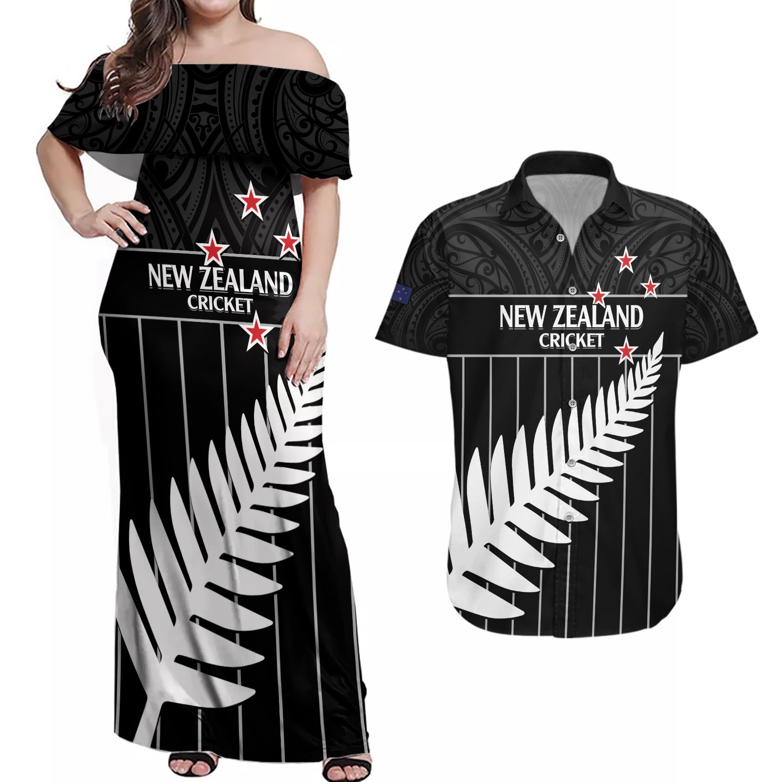Custom New Zealand Silver Fern Cricket Couples Matching Off Shoulder Maxi Dress and Hawaiian Shirt Aotearoa Maori Go Black Cap