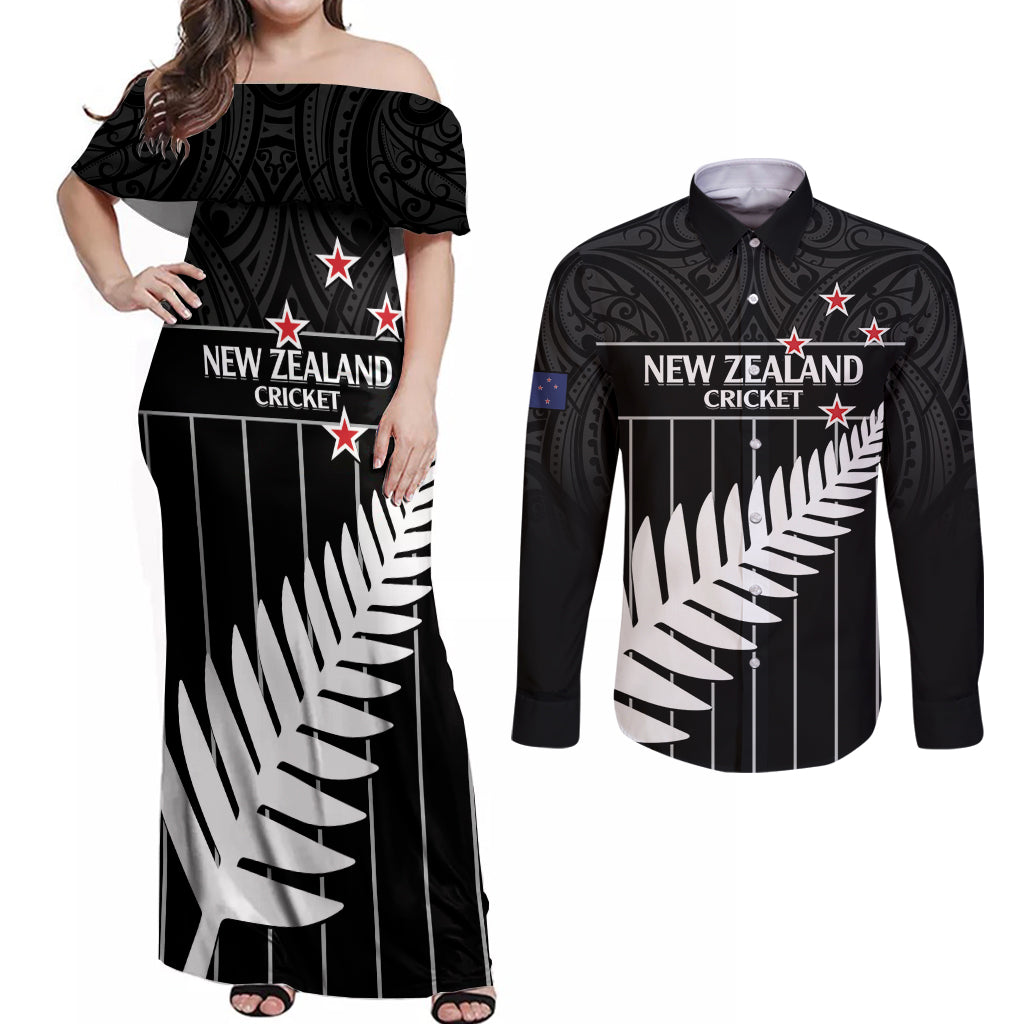 Custom New Zealand Silver Fern Cricket Couples Matching Off Shoulder Maxi Dress and Long Sleeve Button Shirt Aotearoa Maori Go Black Cap
