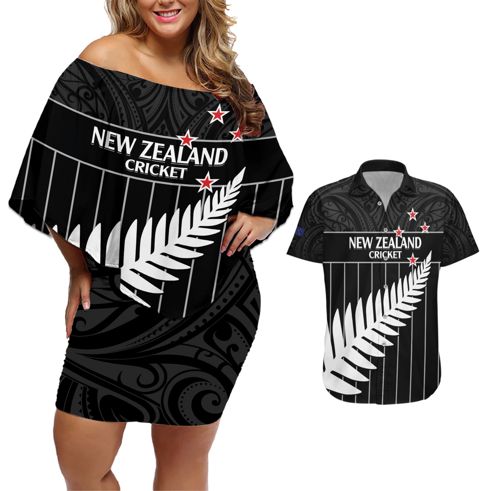 Custom New Zealand Silver Fern Cricket Couples Matching Off Shoulder Short Dress and Hawaiian Shirt Aotearoa Maori Go Black Cap
