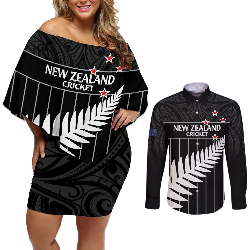 Custom New Zealand Silver Fern Cricket Couples Matching Off Shoulder Short Dress and Long Sleeve Button Shirt Aotearoa Maori Go Black Cap