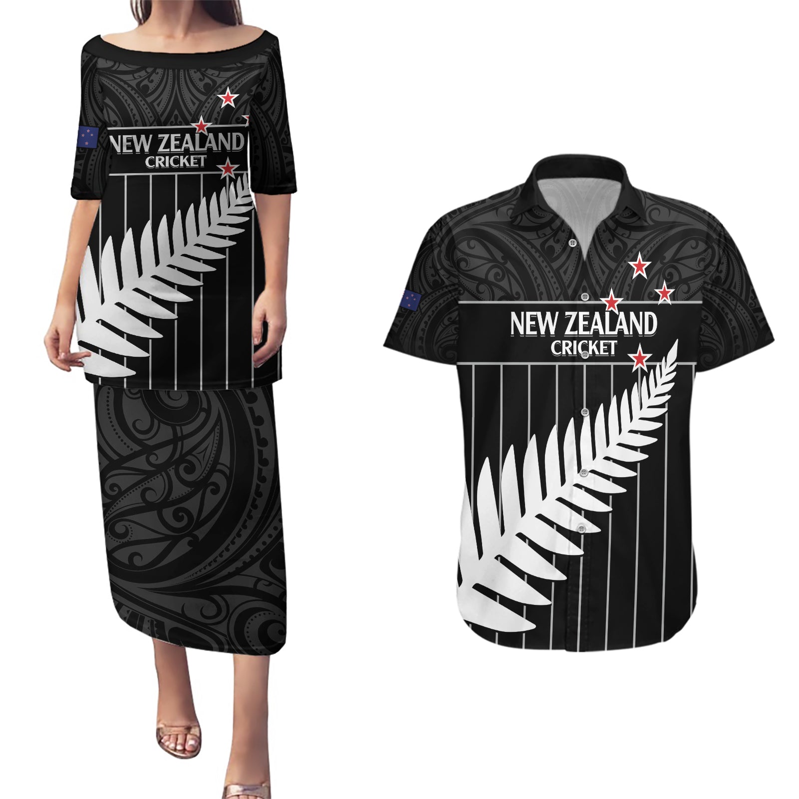Custom New Zealand Silver Fern Cricket Couples Matching Puletasi and Hawaiian Shirt Aotearoa Maori Go Black Cap
