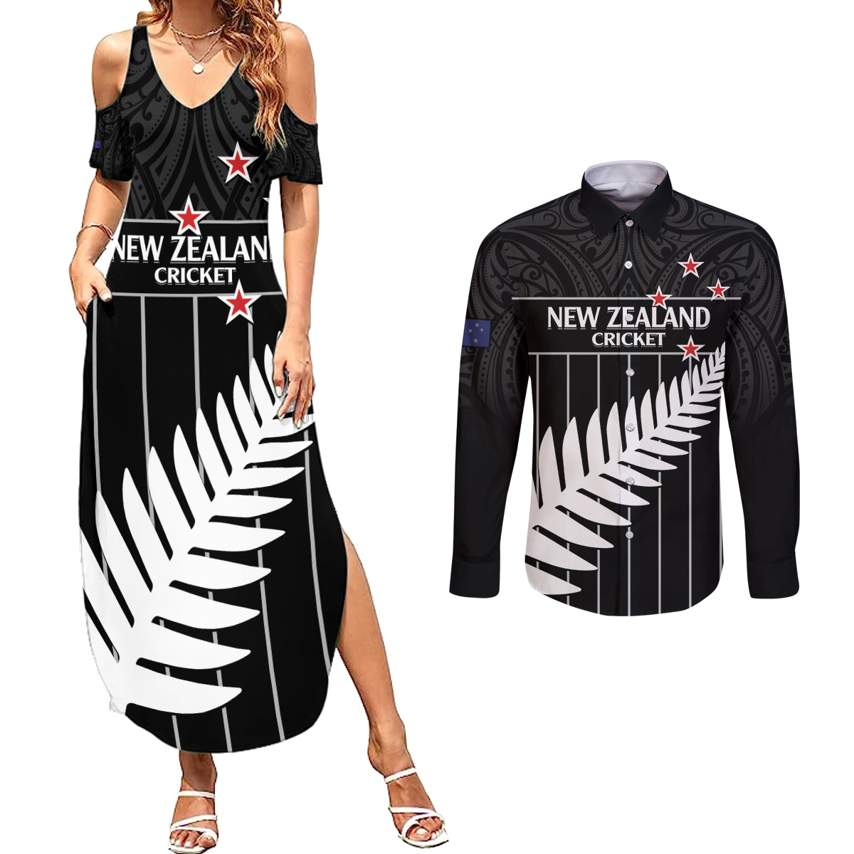 Custom New Zealand Silver Fern Cricket Couples Matching Summer Maxi Dress and Long Sleeve Button Shirt Aotearoa Maori Go Black Cap