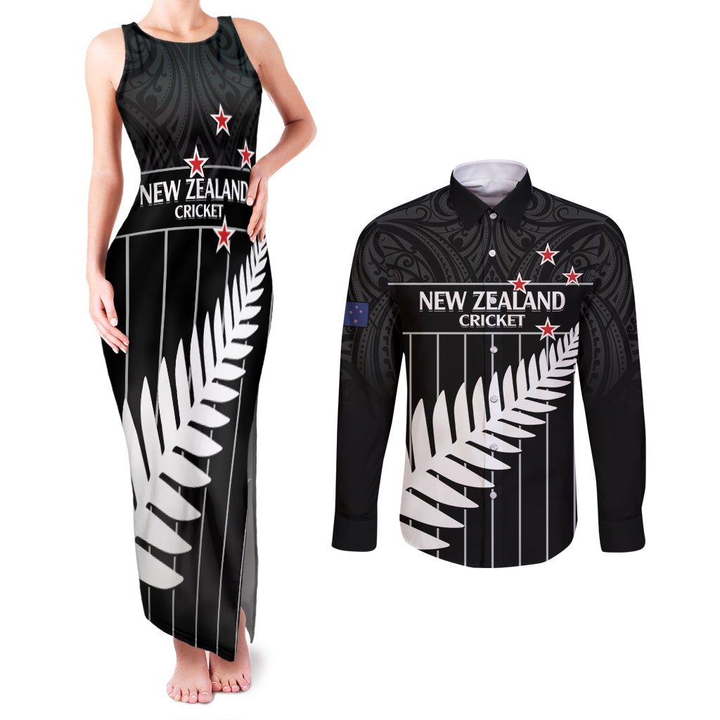 Custom New Zealand Silver Fern Cricket Couples Matching Tank Maxi Dress and Long Sleeve Button Shirt Aotearoa Maori Go Black Cap