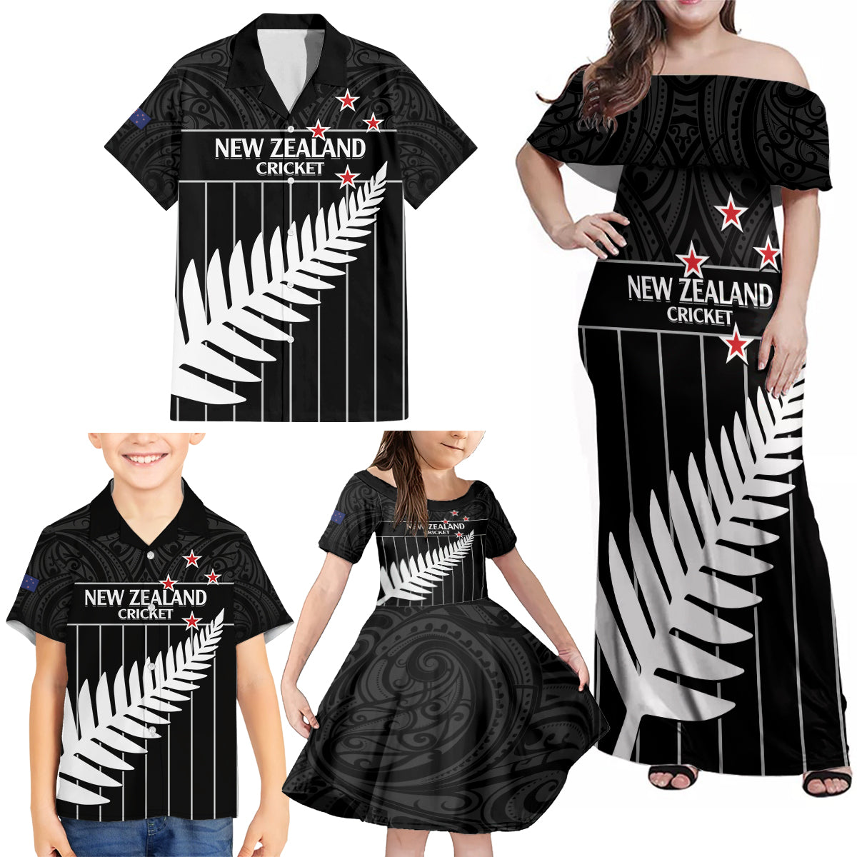 Custom New Zealand Silver Fern Cricket Family Matching Off Shoulder Maxi Dress and Hawaiian Shirt Aotearoa Maori Go Black Cap