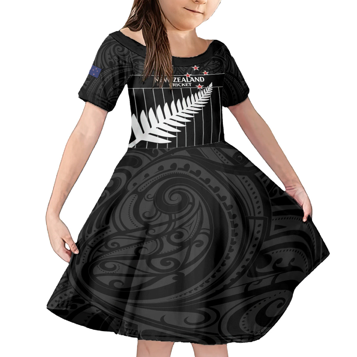 Custom New Zealand Silver Fern Cricket Kid Short Sleeve Dress Aotearoa Maori Go Black Cap