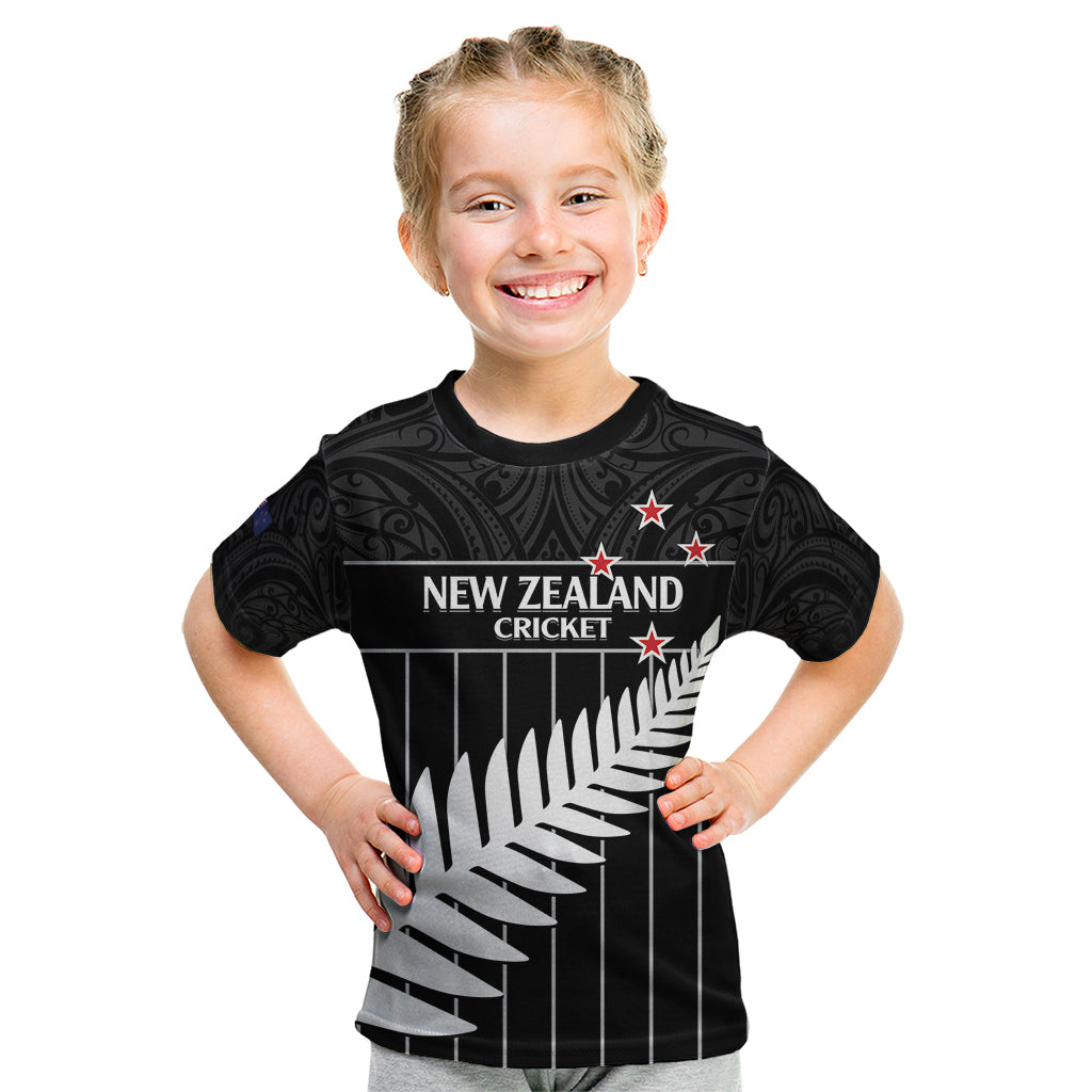 Custom New Zealand Silver Fern Cricket Kid T Shirt Aotearoa Maori Go Black Cap
