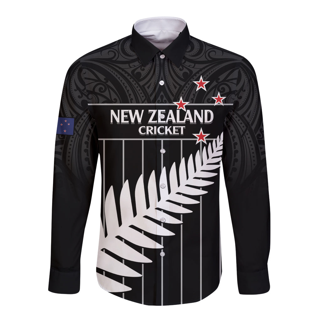 Custom New Zealand Silver Fern Cricket Long Sleeve Button Shirt Aotearoa Maori Go Black Cap