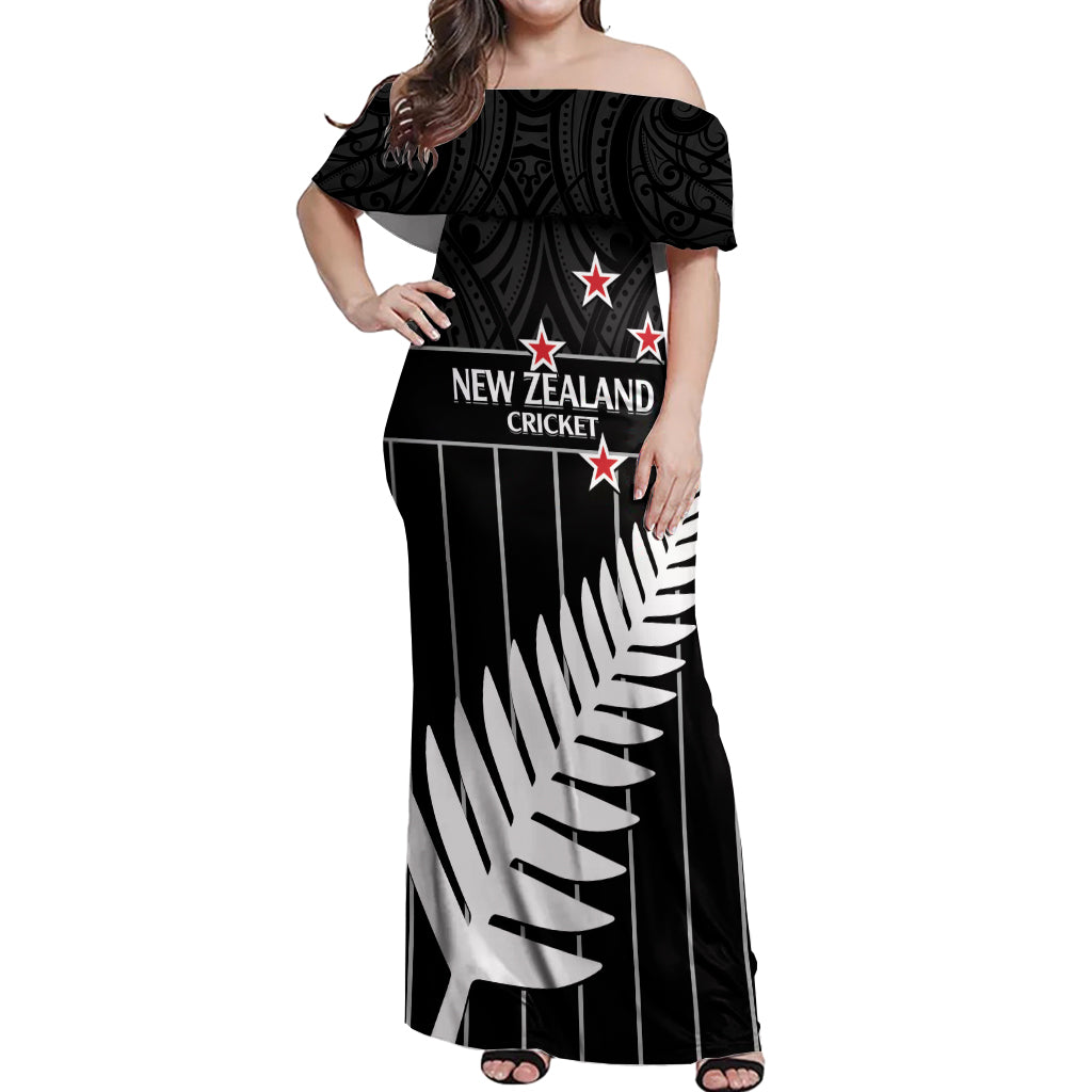 Custom New Zealand Silver Fern Cricket Off Shoulder Maxi Dress Aotearoa Maori Go Black Cap
