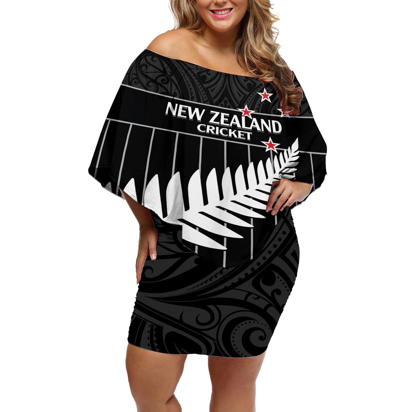 Custom New Zealand Silver Fern Cricket Off Shoulder Short Dress Aotearoa Maori Go Black Cap