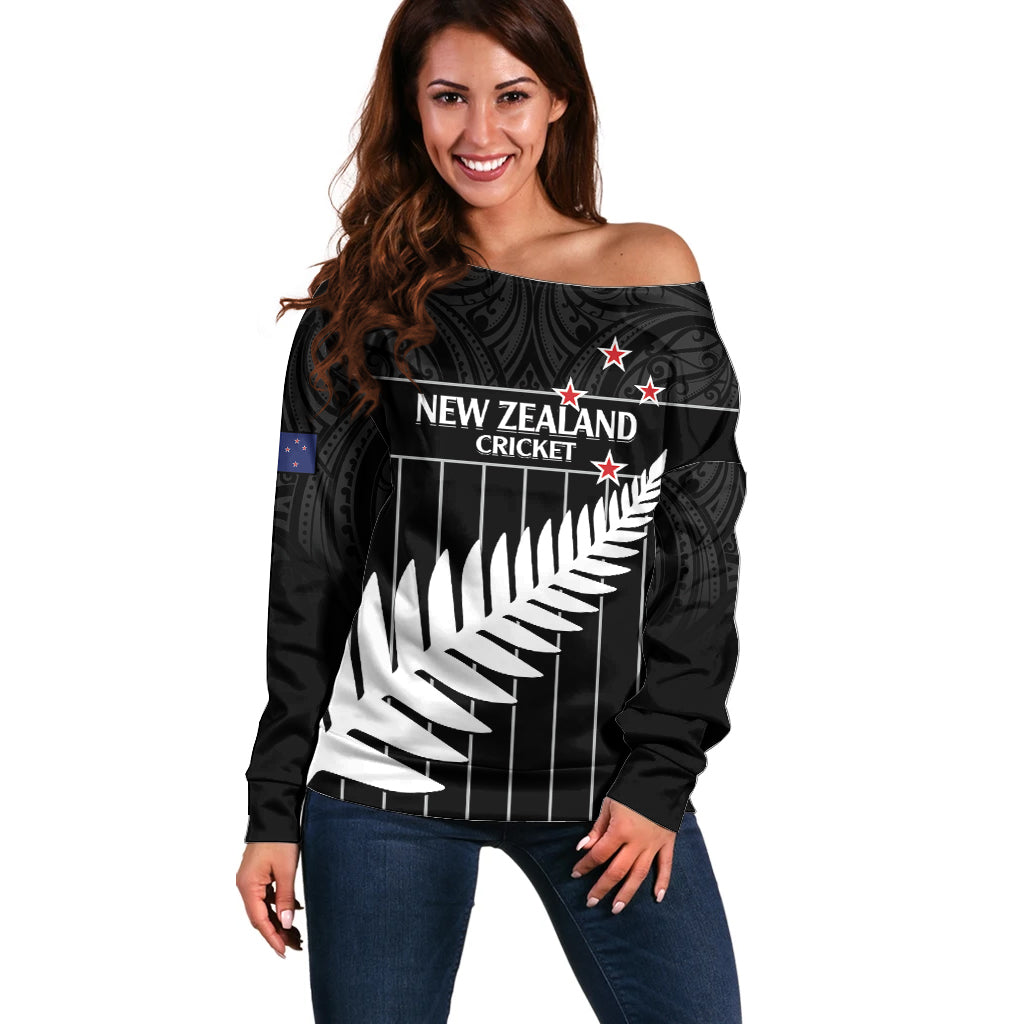 Custom New Zealand Silver Fern Cricket Off Shoulder Sweater Aotearoa Maori Go Black Cap