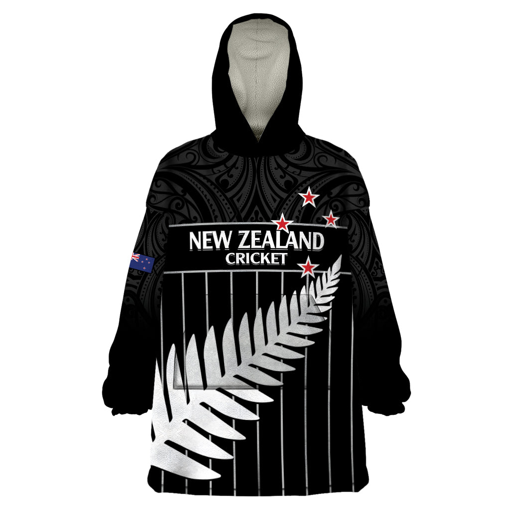Custom New Zealand Silver Fern Cricket Wearable Blanket Hoodie Aotearoa Maori Go Black Cap