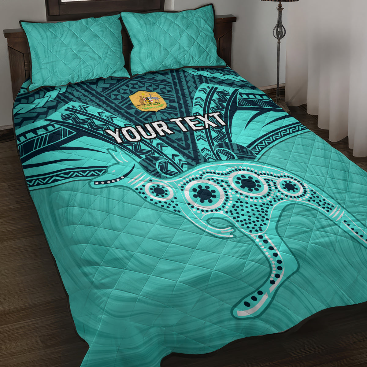 Custom Australia Matildas Quilt Bed Set Polynesian Mix Turquoise Marble