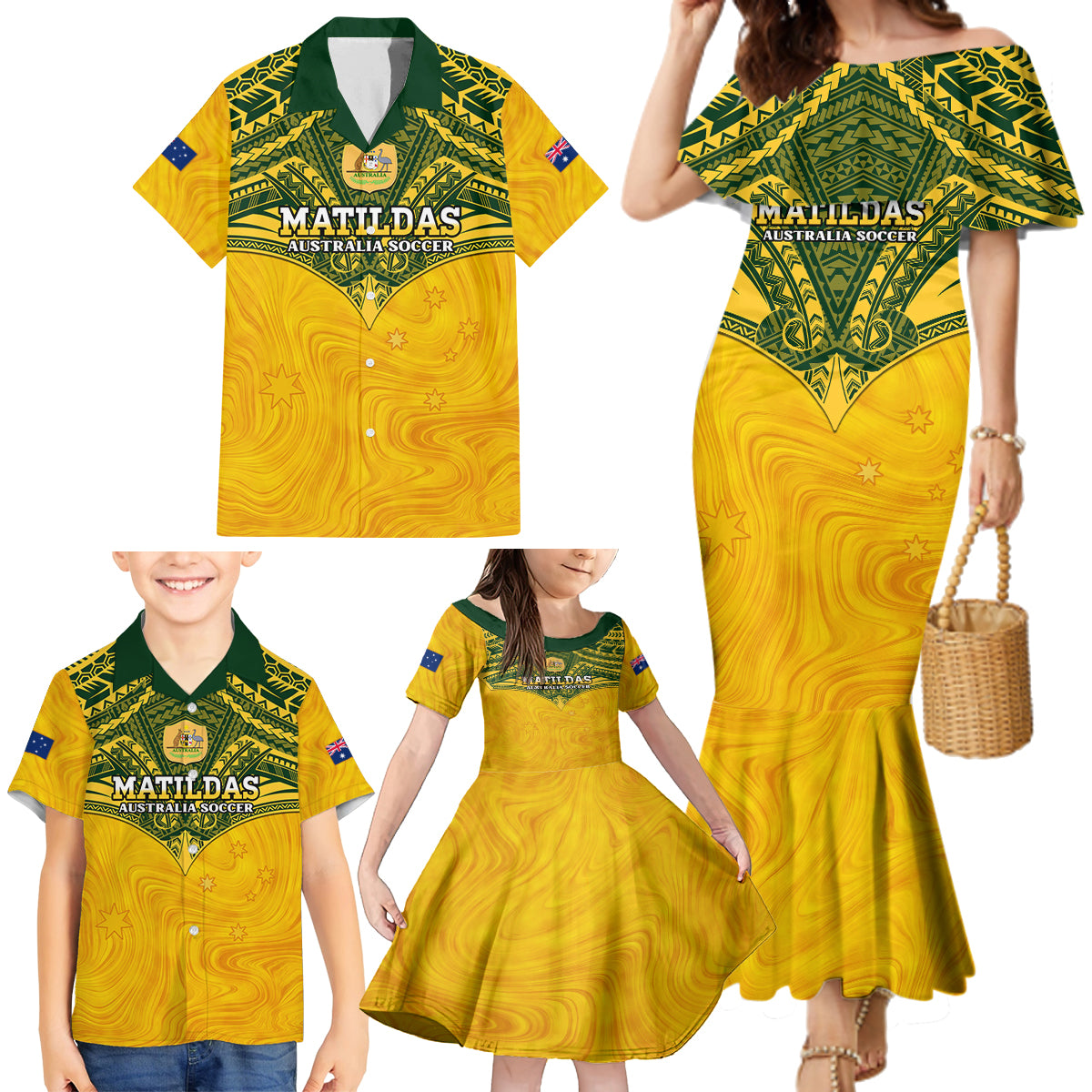 Custom Australia Matildas Family Matching Mermaid Dress and Hawaiian Shirt Polynesian Mix Gold Marble