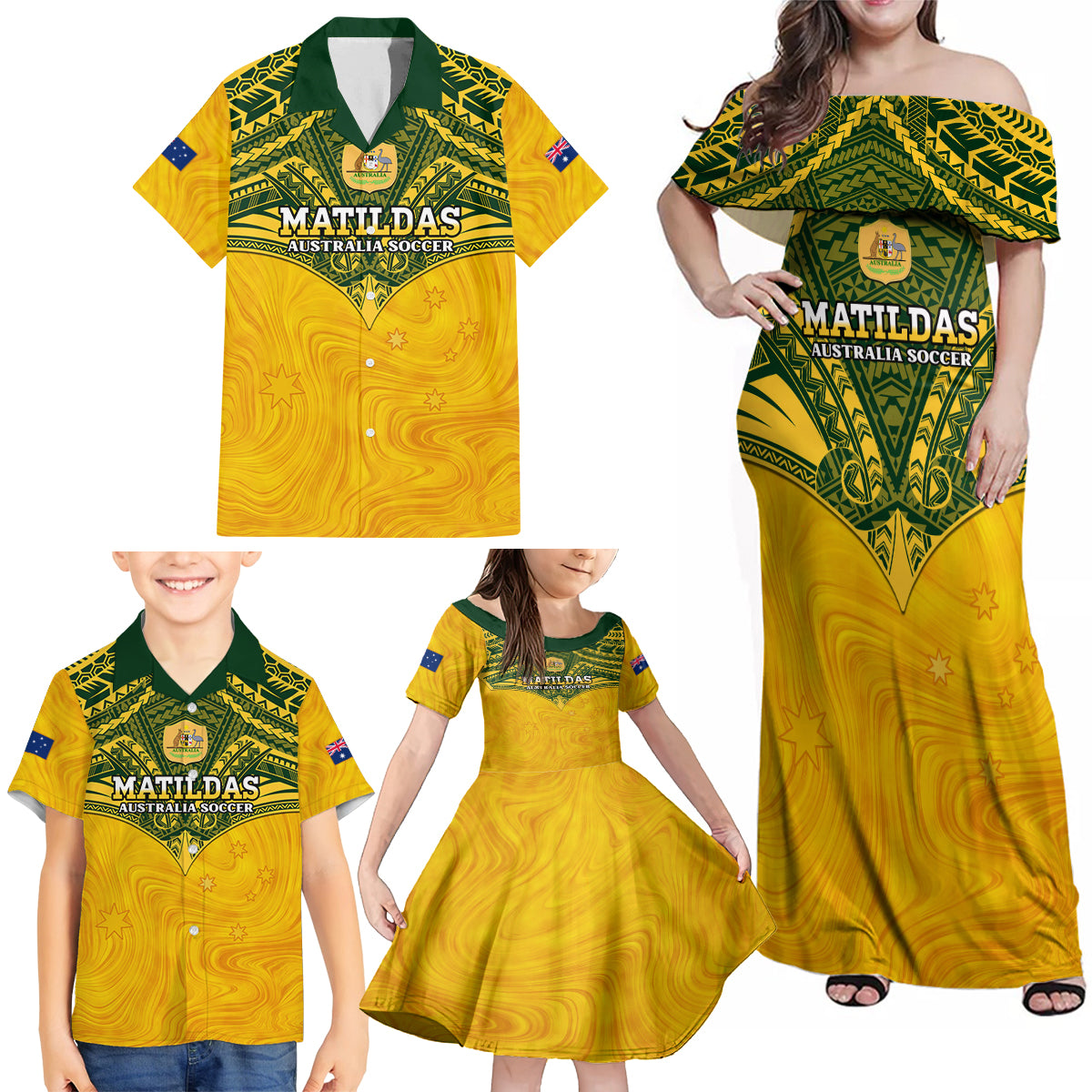 Custom Australia Matildas Family Matching Off Shoulder Maxi Dress and Hawaiian Shirt Polynesian Mix Gold Marble