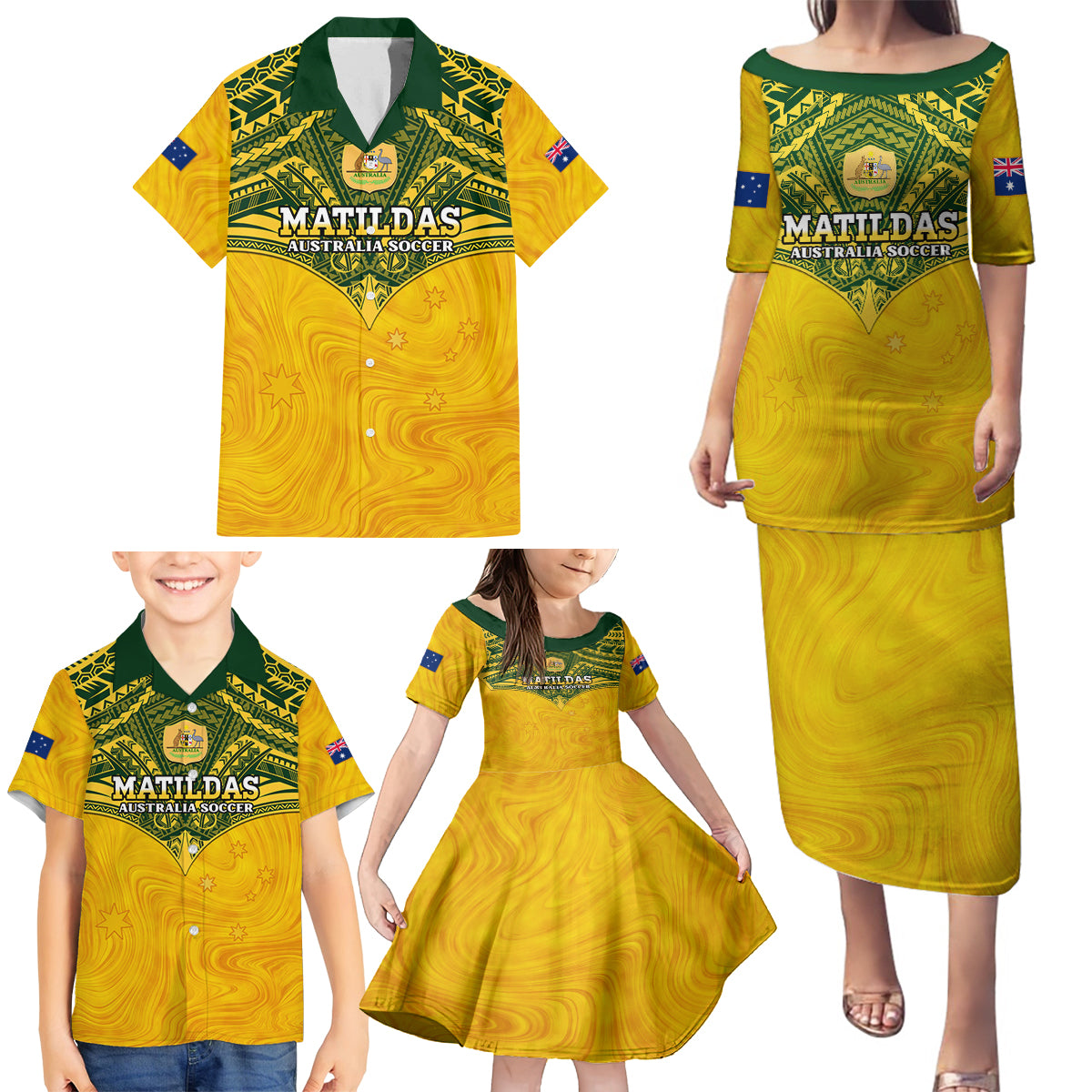 Custom Australia Matildas Family Matching Puletasi and Hawaiian Shirt Polynesian Mix Gold Marble
