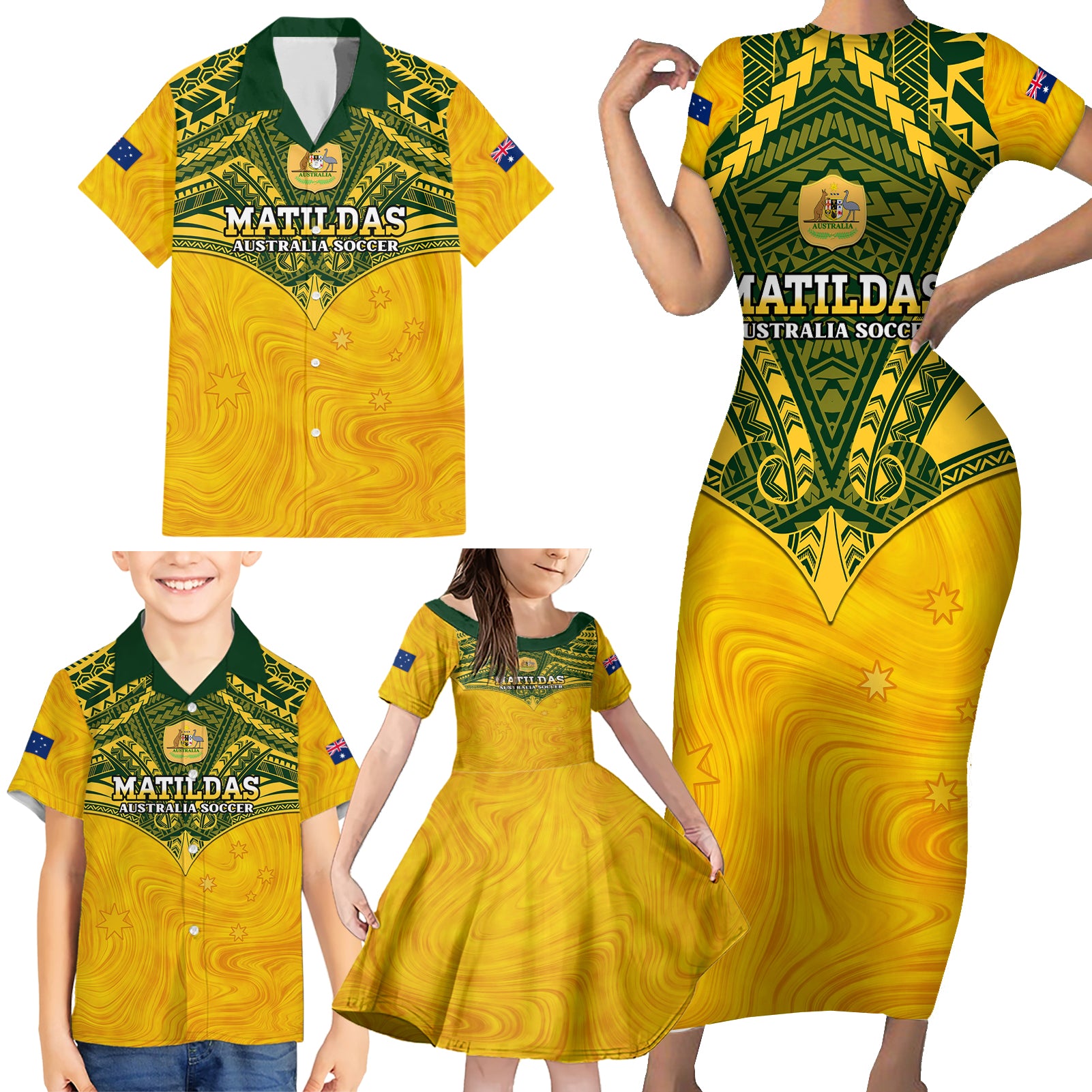 Custom Australia Matildas Family Matching Short Sleeve Bodycon Dress and Hawaiian Shirt Polynesian Mix Gold Marble