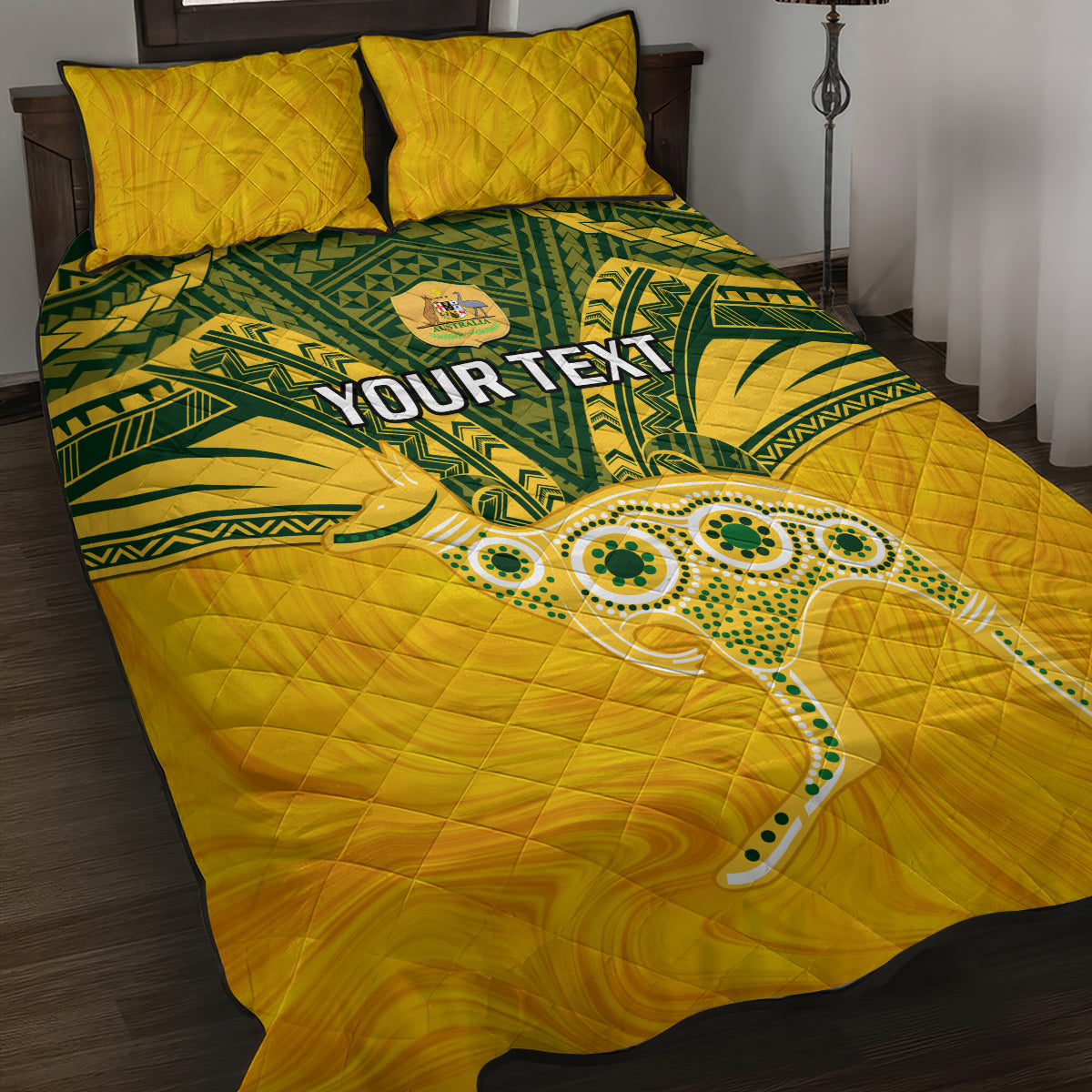 Custom Australia Matildas Quilt Bed Set Polynesian Mix Gold Marble