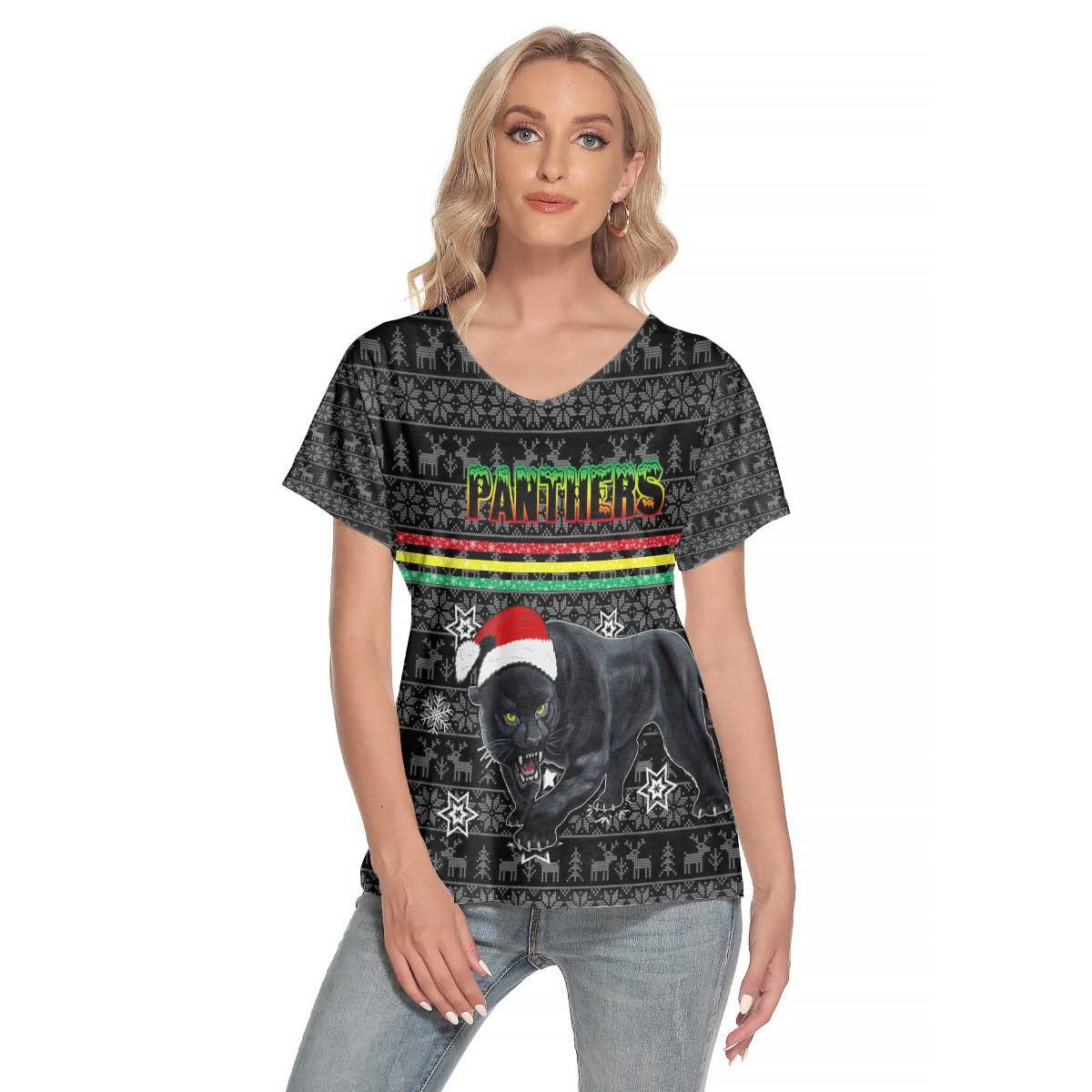 vibe-hoodie-clothing-penrith-panthers-christmas-womens-deep-v-neck-short-sleeve-t-shirt