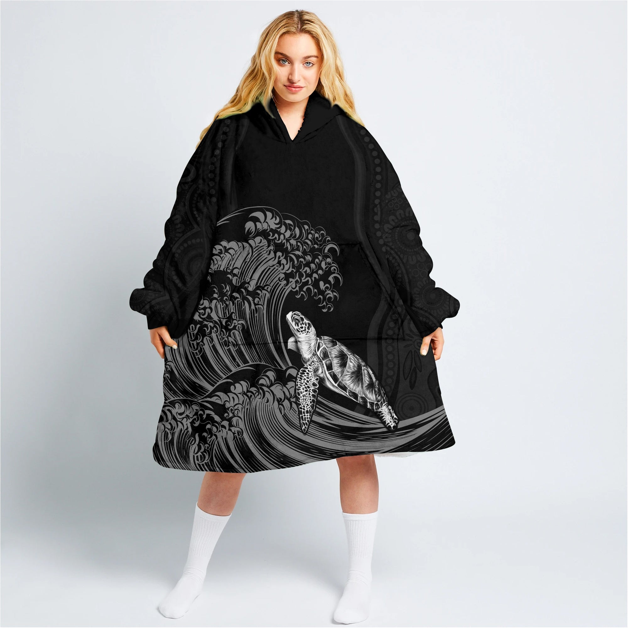 custom-personalised-torres-strait-islands-wearable-blanket-hoodie-the-dhari-mix-aboriginal-turtle-version-black
