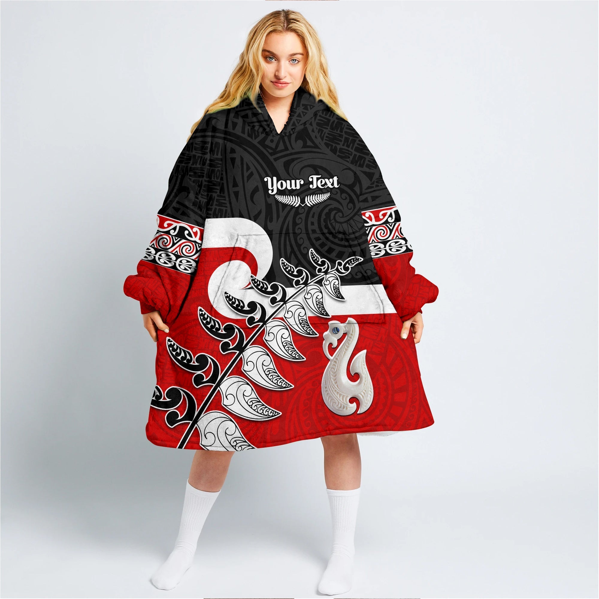 custom-personalised-waitangi-wearable-blanket-hoodie-aotearoa-maori-pattern-mix-fern-and-manaia-koru