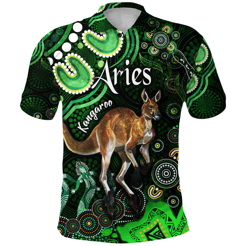 custom-personalised-australian-astrology-polo-shirt-aries-kangaroo-zodiac-aboriginal-vibes-green