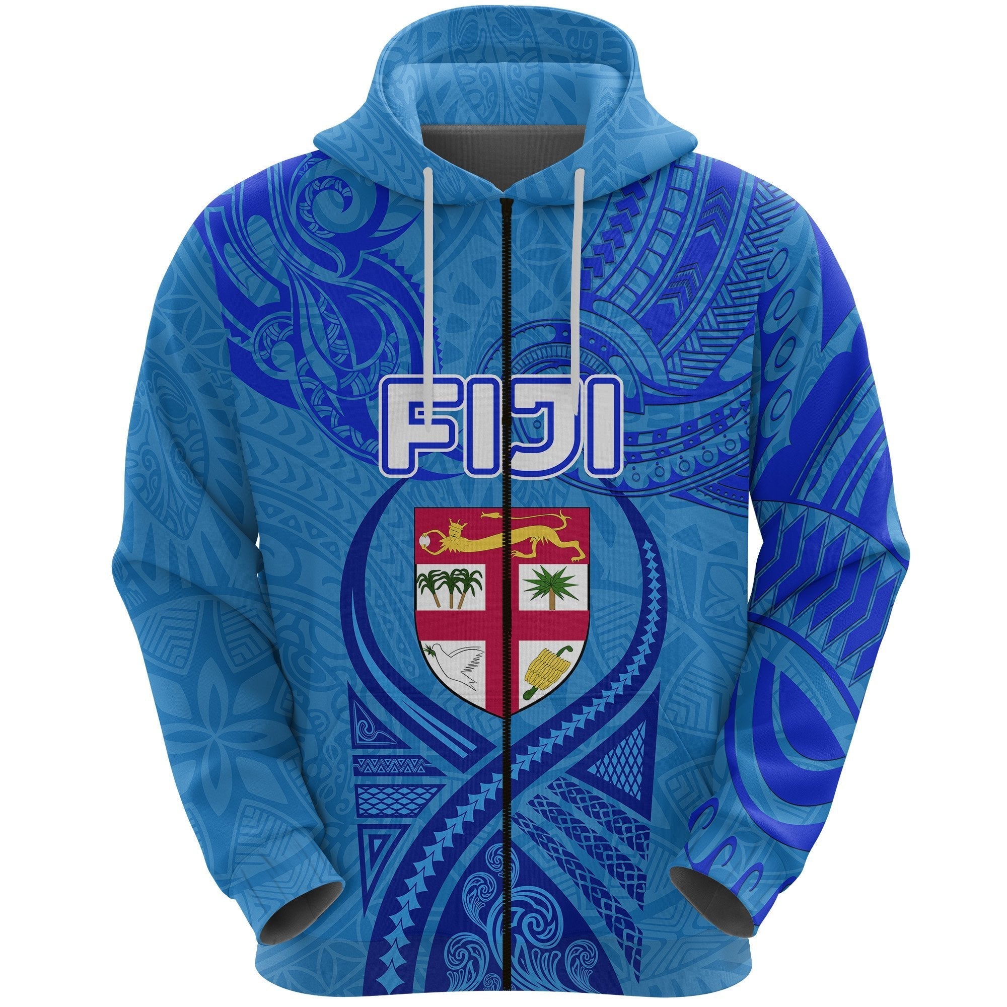 custom-personalised-blue-zip-hoodie-fiji-rugby-polynesian-waves-style-custom-text-and-number