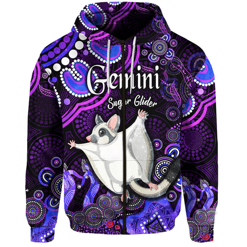 custom-personalised-australian-astrology-zip-up-and-pullover-hoodie-gemini-sugar-glider-zodiac-aboriginal-vibes-purple