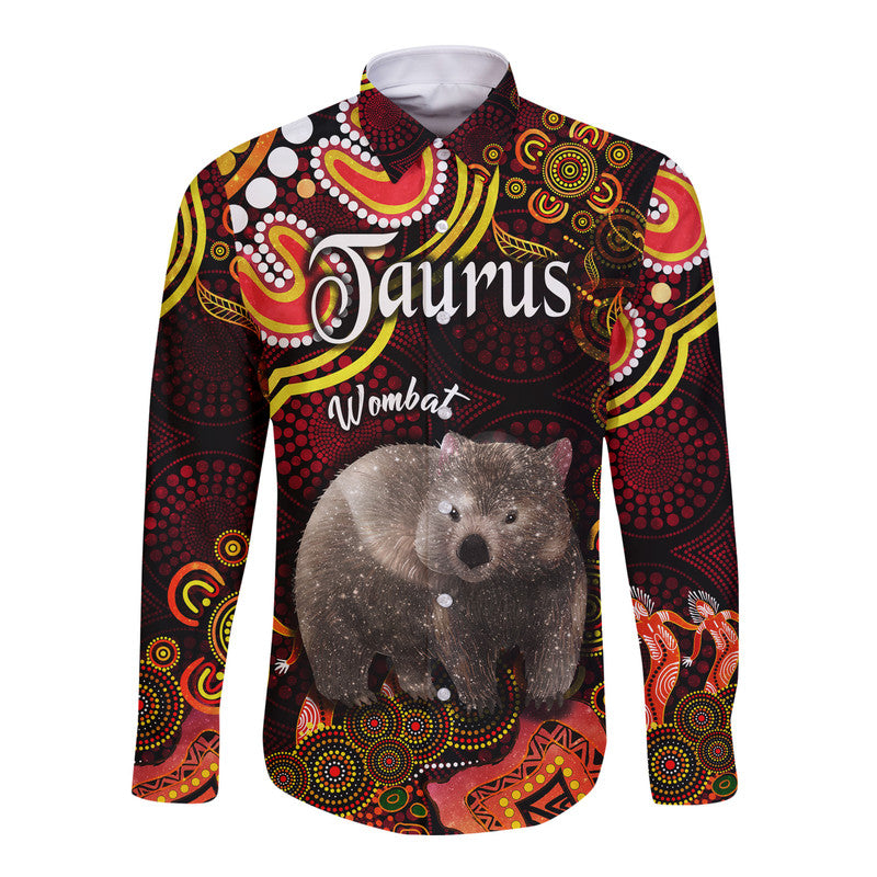 custom-personalised-australian-astrology-hawaii-long-sleeve-button-shirt-taurus-wombat-zodiac-aboriginal-vibes-red