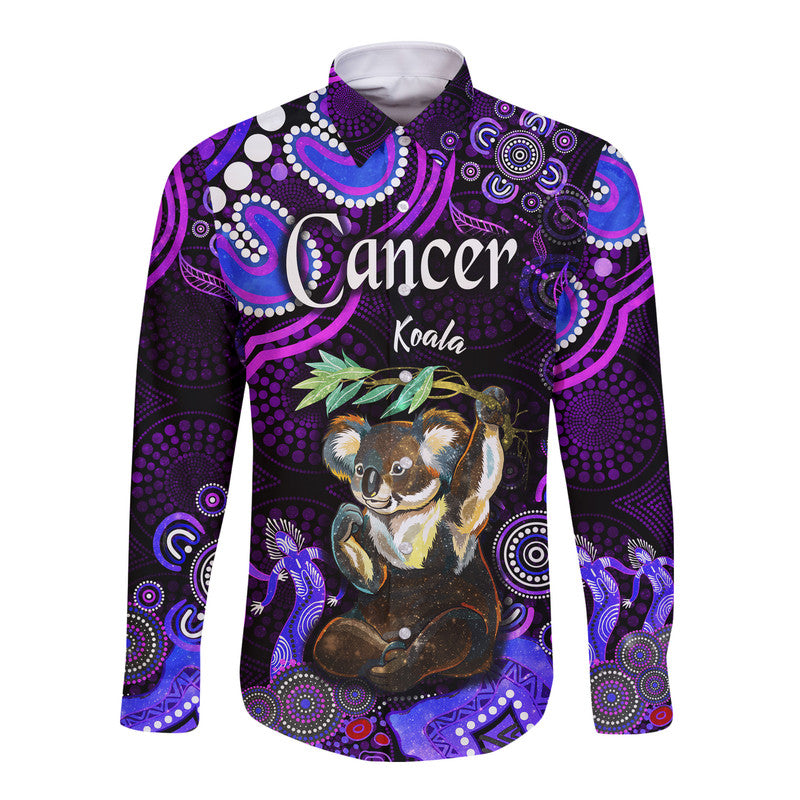 custom-personalised-australian-astrology-hawaii-long-sleeve-button-shirt-cancer-koala-zodiac-aboriginal-vibes-purple