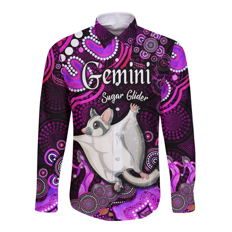 custom-personalised-australian-astrology-hawaii-long-sleeve-button-shirt-gemini-sugar-glider-zodiac-aboriginal-vibes-pink