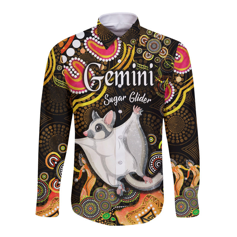 custom-personalised-australian-astrology-hawaii-long-sleeve-button-shirt-gemini-sugar-glider-zodiac-aboriginal-vibes-gold