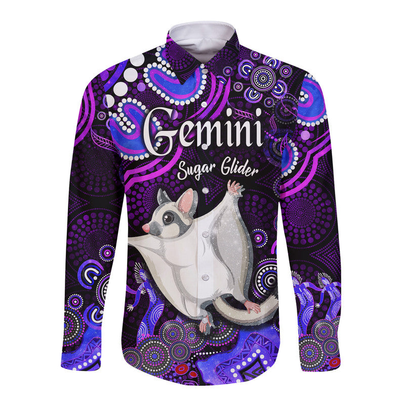 custom-personalised-australian-astrology-hawaii-long-sleeve-button-shirt-gemini-sugar-glider-zodiac-aboriginal-vibes-purple