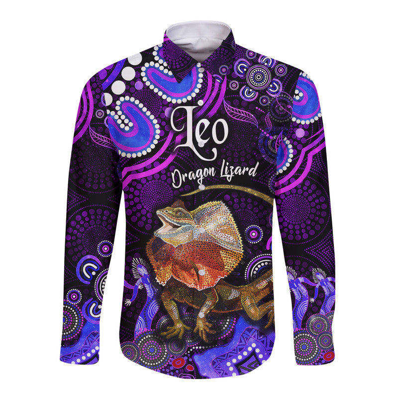 custom-personalised-australian-astrology-hawaii-long-sleeve-button-shirt-leo-dragon-lizard-zodiac-aboriginal-vibes-purple