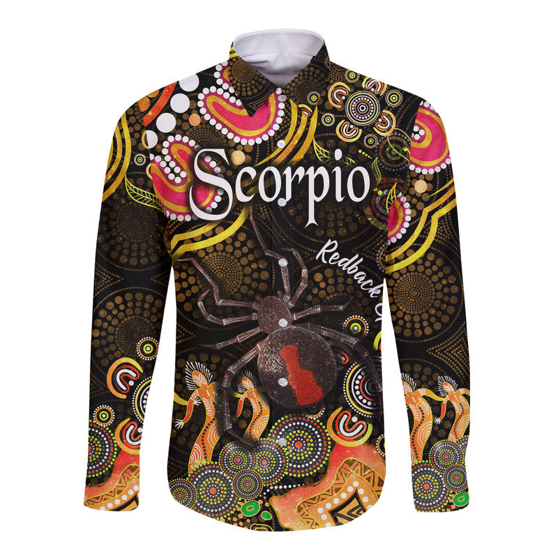 custom-personalised-australian-astrology-hawaii-long-sleeve-button-shirt-scorpio-redback-spider-zodiac-aboriginal-vibes-gold