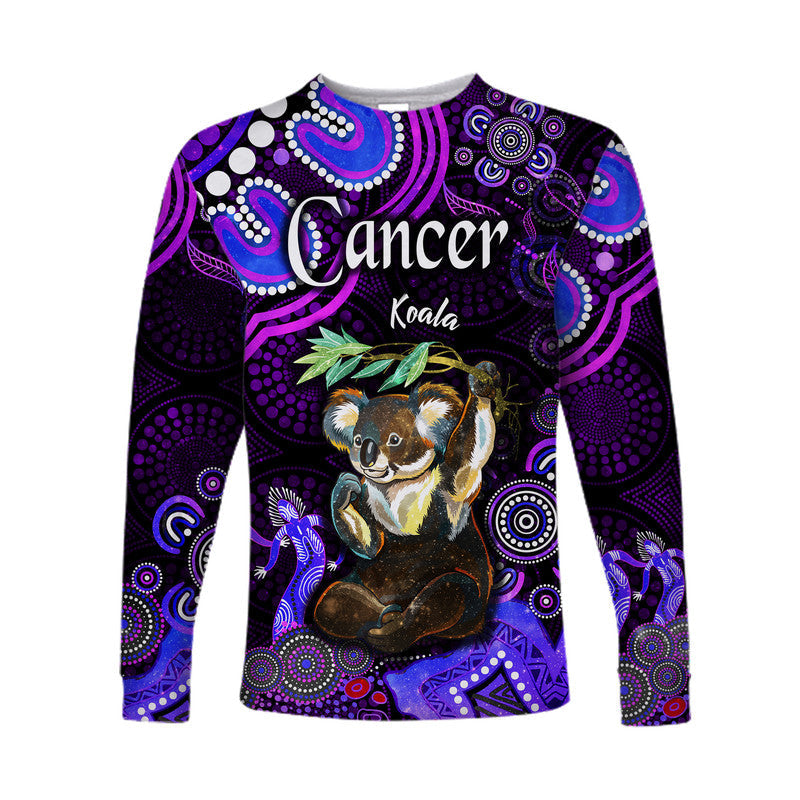 custom-personalised-australian-astrology-long-sleeve-shirt-cancer-koala-zodiac-aboriginal-vibes-purple