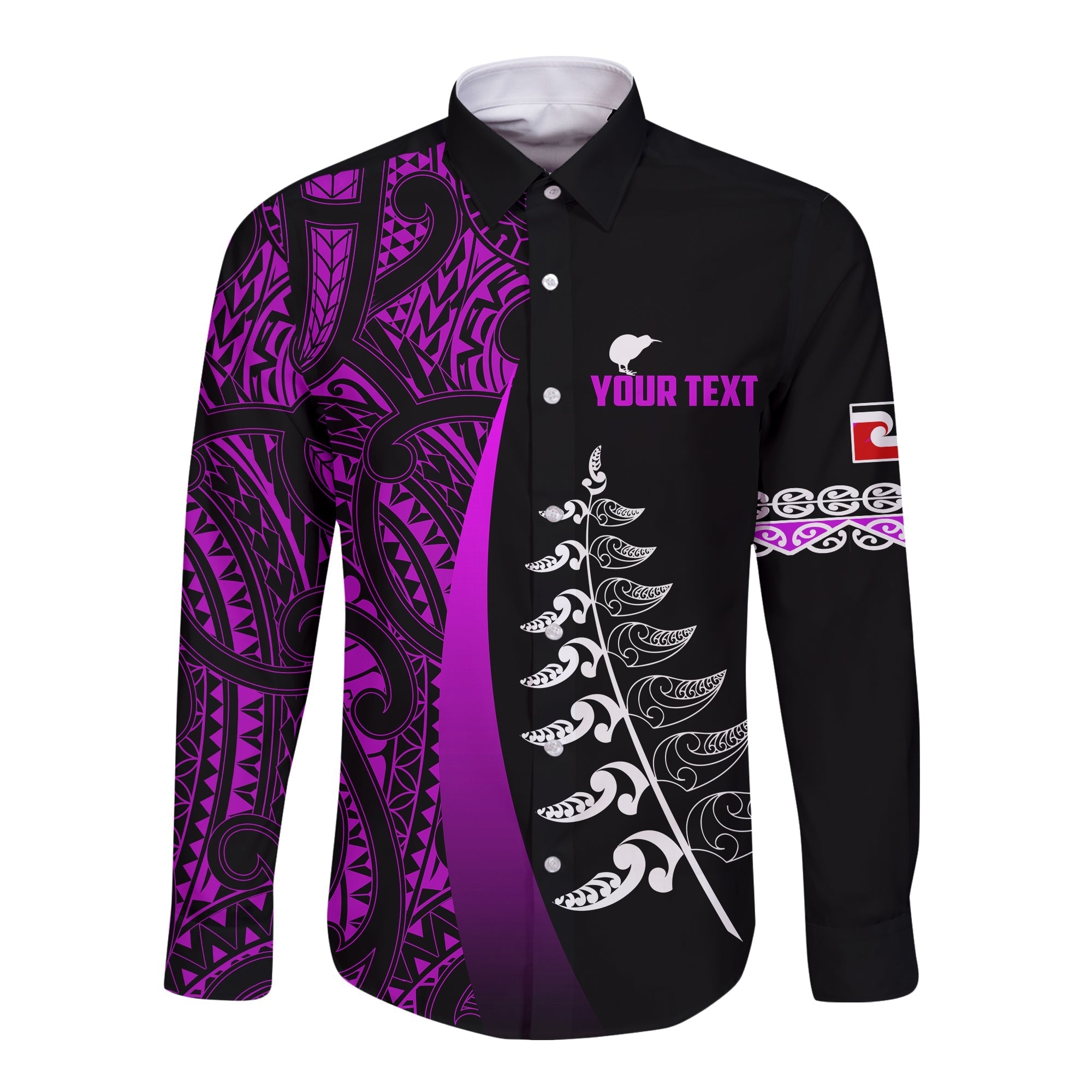 custom-personalised-waitangi-day-long-sleeve-button-shirt-maori-mix-fern-style-purple-lt13